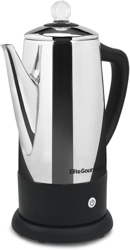 Elite Gourmet EC812 Electric 12-Cup Coffee Percolator with Keep Warm, Clear Brew Progress Knob Cool-Touch Handle Cord-less Serve, Stainless Steel