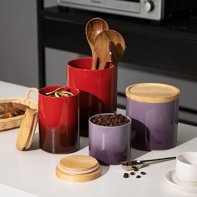 Sweejar Ceramic Food Storage Jar, Stackable Kitchen Canisters, Containers with Airtight Seal Wooden Lid for Serving Coffee Bean, Flour, Tea, Cookies, Spice and More - 58 Fl Oz (Gradient Purple)