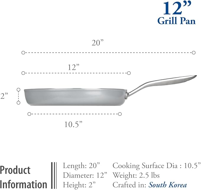 TECHEF - CeraTerra Collection, 12" Ceramic Nonstick Grill Pan (PTFE, PFAS, and PFOA Free), Made in Korea (12-in Grill Pan)