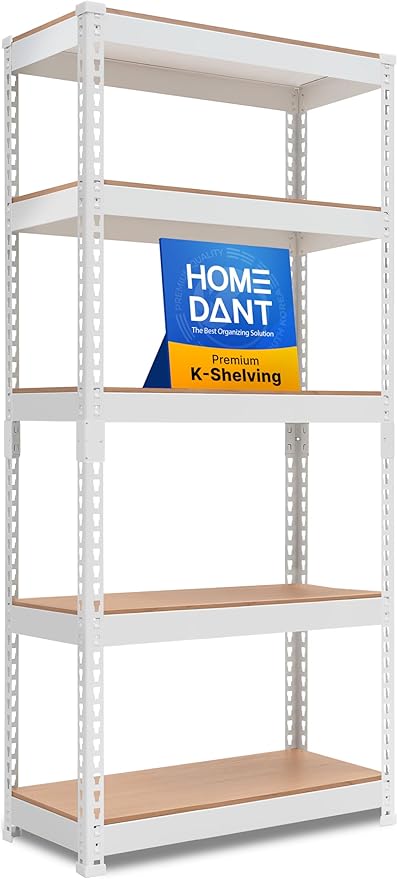 HOMEDANT 5 Tier Laminated White Boltless Metal Shelving Unit Adjustable Garage Storage Utility Rack Heavy Duty Shelves Organization Multipurpose Shelf Warehouse Pantry 28" W x 12.3" D x 59.5" H 1Pack