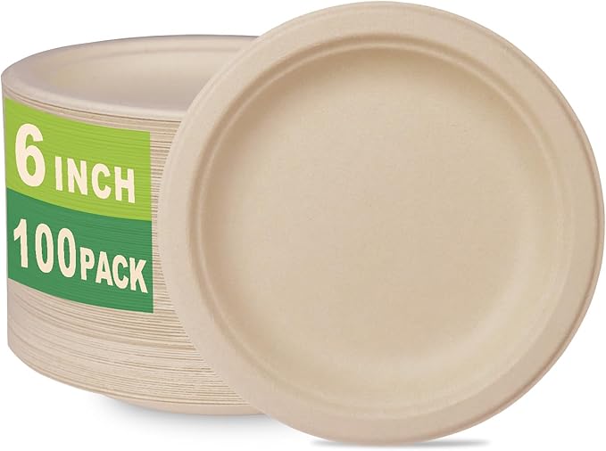 GreenWorks 100 Count 6“ Small Compostable Dessert Plates, Heavy-duty Unbleached Biodegradable Bagasse and Bamboo fiber Paper Plates