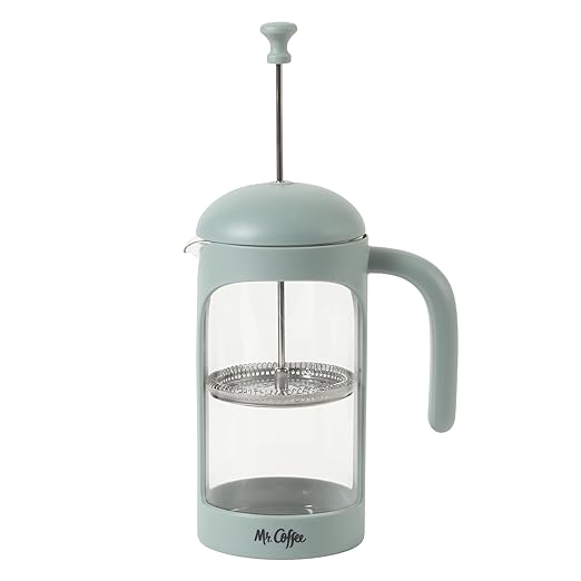Mr. Coffee Retro Brew French Press Coffee Maker, 31-Ounce Glass Carafe with High Heat Resistant Durable Borasilicate Glass & Teal Frame and Plunger, Includes Coffee Scoop
