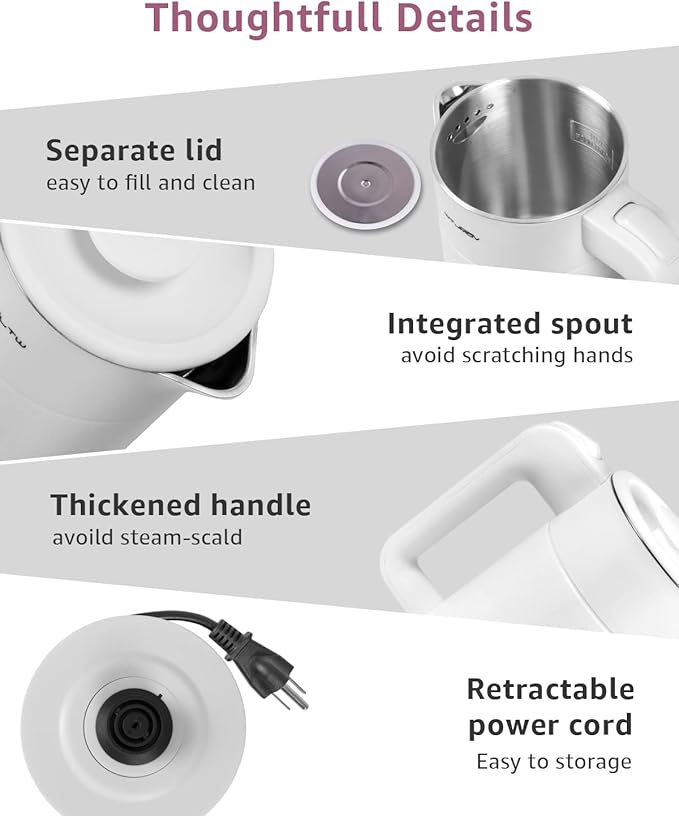0.6L Small Electric Tea Kettle Lightweight, 20 Ounce Double Wall Hot Water Boiler Stainless Steel Auto Shut-off, 120V Portable Travel Electric Kettle Fast Boil for Tea and Coffee,White