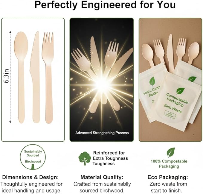(150 Count) Disposable Wooden Cutlery Set - Alternative to Plastic, Eco Friendly, Biodegradable, Compostable Cutlery Set - 50 Wood Spoons, 50 Wooden Knives & 50 Wooden Forks Disposable Utensils Set
