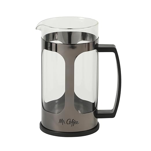 Mr. Coffee Daily Brew French Press Coffee Maker, 30-Ounce Glass Carafe with High Heat Resistant Durable Borasilicate Glass & Gunmetal Frame and Plunger, Includes Coffee Scoop