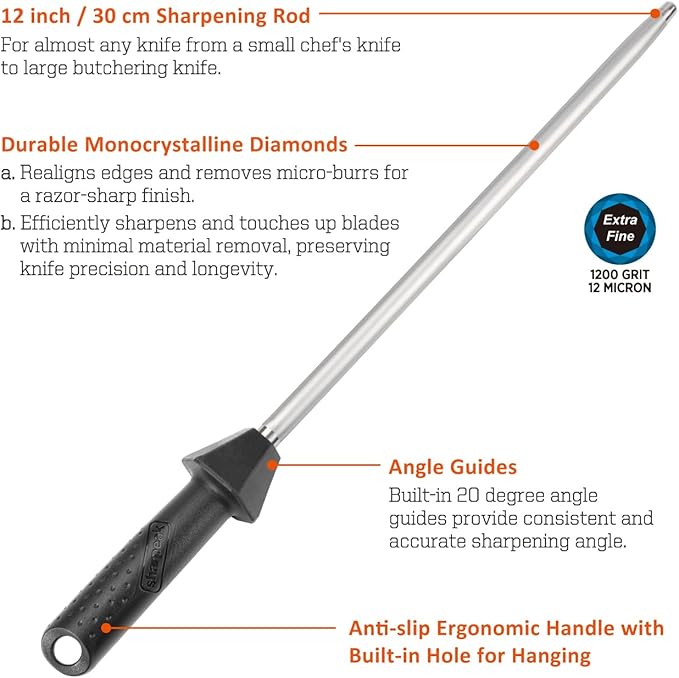 (a brand of SHARPAL) 110R 17.5-Inch/Rod L. 12-Inch Diamond Sharpening Steel Rod, Extra Fine 1200 Grit Sharpening Rod with Built-In Angle Guides, Kitchen Knife Sharpener Honing to Razor-Sharp