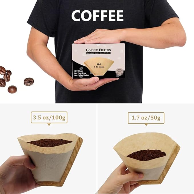 #4 Cone Coffee Filter 8-12 cup, Unbleached Natural Paper, No Blowout, Disposable for Pour Over and Drip Coffee Maker, 100 Count