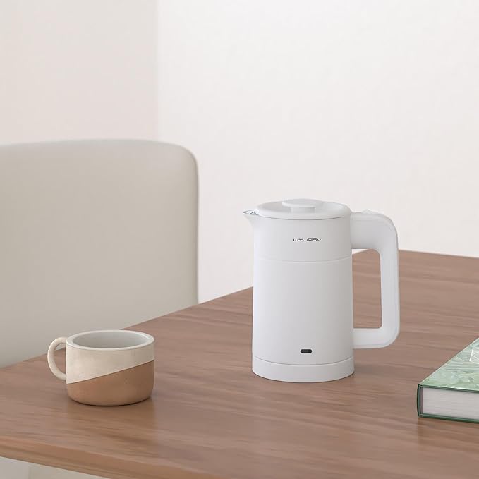 0.6L Small Electric Tea Kettle Lightweight, 20 Ounce Double Wall Hot Water Boiler Stainless Steel Auto Shut-off, 120V Portable Travel Electric Kettle Fast Boil for Tea and Coffee,White