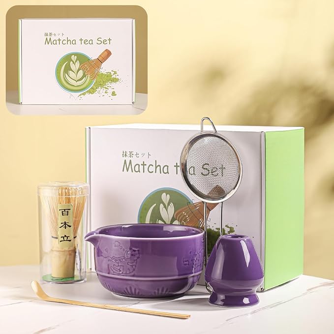 Matcha Tea Set, 5-Piece Ceramic Matcha Bowl & Whisk Kit with Cute Cat Pattern, Traditional Japanese Chawan, Scoop & Sifter, Perfect for Tea Ceremony, Gift for & Tea Lovers (Purple;)