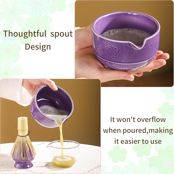 Matcha Tea Set, 5-Piece Ceramic Matcha Bowl & Whisk Kit with Cute Cat Pattern, Traditional Japanese Chawan, Scoop & Sifter, Perfect for Tea Ceremony, Gift for & Tea Lovers (Purple;)