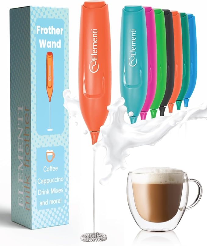 Elementi Powerful Frother Wand – Lightweight Milk Frother & Drink Mixer Handheld, Matcha Whisk for Dreamy Lattes, Powerful Coffee Mixer Wand & Stirrer - Make Creamy Cappuccinos at Home (Orange)