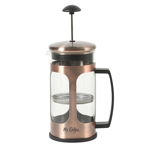 Mr. Coffee Daily Brew French Press Coffee Maker, 30-Ounce Glass Carafe with High Heat Resistant Durable Borasilicate Glass & Copper Metal Frame and Plunger, Includes Coffee Scoop