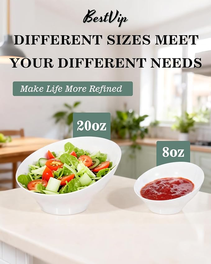 BESTVIP 8oz White Plastic Serving Bowls for Party - 12 Pack Angled Disposable Serving Bowls, Party for Chips, Snacks, Fruit, Salad - Bowls for Parties, Daily Use, Catering, Christmas