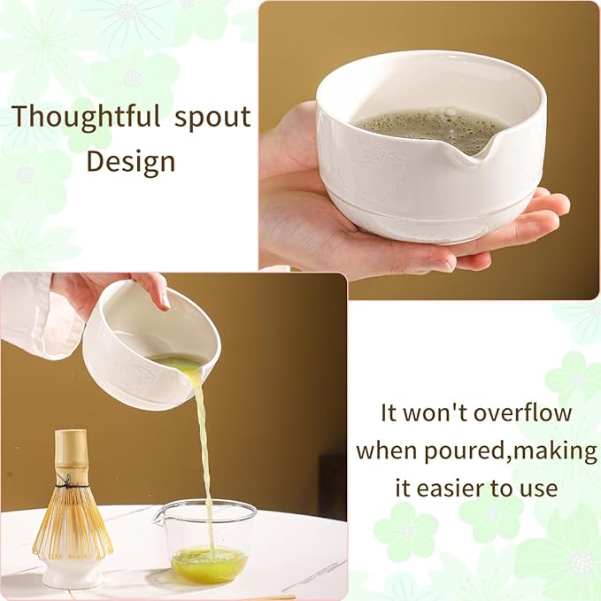 Matcha Tea Set, 5-Piece Ceramic Matcha Bowl & Whisk Kit with Cute Cat Pattern, Traditional Japanese Chawan, Scoop & Sifter, Perfect for Tea Ceremony, Gift for & Tea Lovers (white)