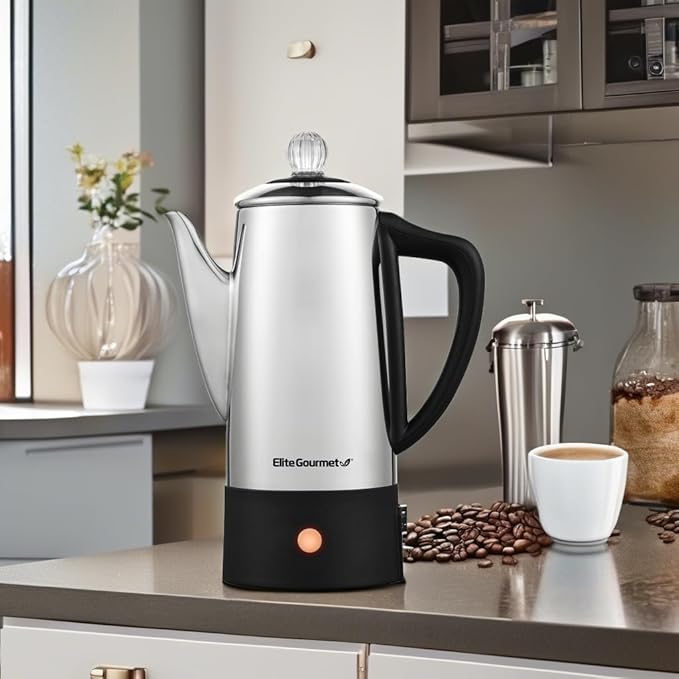 Elite Gourmet EC140 Electric 6-Cup Coffee Percolator with Keep Warm, Clear Brew Progress Knob Cool-Touch Handle Cord-less Serve, Stainless Steel