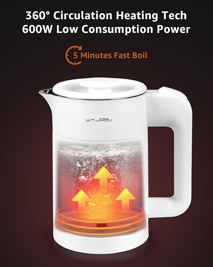 0.6L Small Electric Tea Kettle Lightweight, 20 Ounce Double Wall Hot Water Boiler Stainless Steel Auto Shut-off, 120V Portable Travel Electric Kettle Fast Boil for Tea and Coffee,White