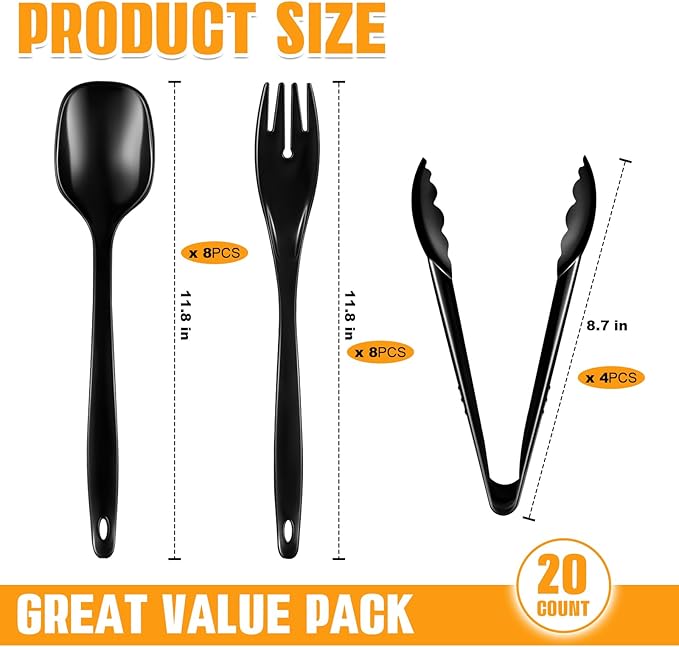 20Pcs Disposable Plastic Serving Utensils for Parties, Buffet Serving Utensils Set-8 Black Plastic Serving Spoons, 4 Tongs and 8 Forks for Catering, Entertaining and Parties