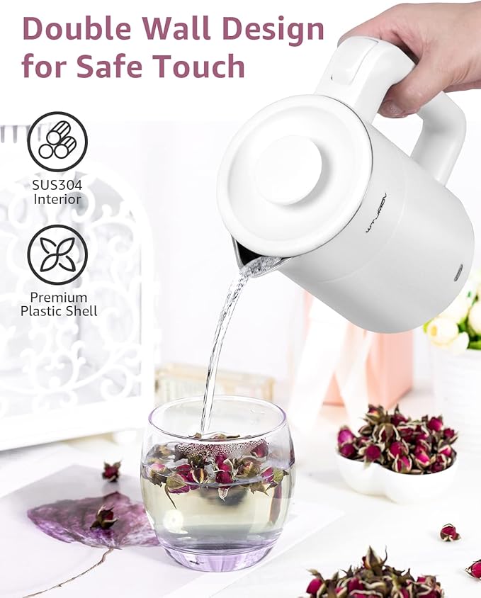 0.6L Small Electric Tea Kettle Lightweight, 20 Ounce Double Wall Hot Water Boiler Stainless Steel Auto Shut-off, 120V Portable Travel Electric Kettle Fast Boil for Tea and Coffee,White
