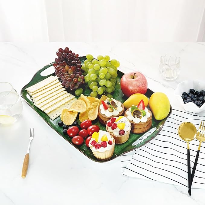 TP Serving Trays with Handles, 19 Inch Large Rectangular Melamine Serving Platter Set of 2, Retro Green