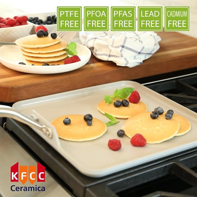 TECHEF - CeraTerra Ceramic Nonstick Square Griddle Pan (PTFE and PFOA Free Ceramic Exterior & Interior), Oven & Dishwasher Safe, Made in Korea, Grey/Silver (Griddle Pan)