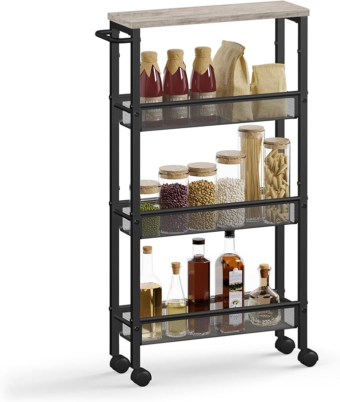 VASAGLE Slim Rolling Cart, 4-Tier Storage Cart, Narrow Cart with Handle, 5.1 Inches Deep, Metal Frame, for Kitchen, Dining Room, Living Room, Home Office, Heather Greige and Classic Black ULRC032K01