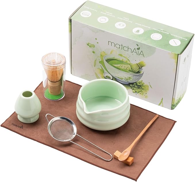 Matcha Whisk Set - Ceramic Bowl, Bamboo Whisk with Holder, Sifter, Schima Spoon, Spoon Rest and Tea Towel - 7 Pcs Complete Kit for Traditional Matcha and Modern Lattes (Green)