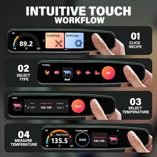 0.5s Instant Read Smart Meat Thermometer Digital, 3.8″ HD Touchscreen with Temp-OS, Professional Kitchen Food Thermometer for Cooking, Grill, BBQ | ±0.5°F, −58–572°F, IP68, USB-C Rechargeable