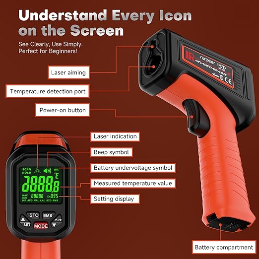 -58℉~3272℉ Infrared Thermometer IR Gun, High-Temp Digital Temperature Gun, 50:1 Non-Contact Pyrometer for Kiln, Forge, Furnace, Engine, HVAC & Industrial Applications