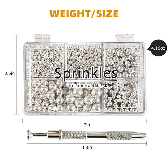 Kasvan silver Mix Sugar Sprinkles - Edible Candy Pearls with 4-Claw Sprinkle Pen,118g/4.16 Oz, Gift Box Pack, Baking Cake Decorations, Ice Cream Toppings and Cookie Decorating, Wedding Party Chirstmas Supplies