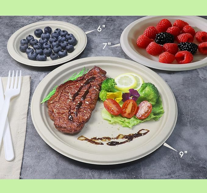 GreenWorks 100 Count 7“ Heavy-duty Compostable Plates, Unbleached Biodegradable Bagasse and Bamboo fiber Paper Plates