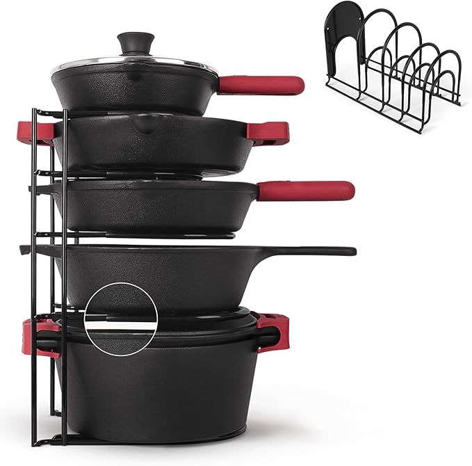Cuisinel Pan Organizer - Silicone-Coated Non-Slip 15" Heavy Duty Skillet Rack - Kitchen Counter/Cabinet Organization Storage - Cookie Sheet, Cutting Board, Cast Iron Cookware, Pots, Lid Stand/Holder