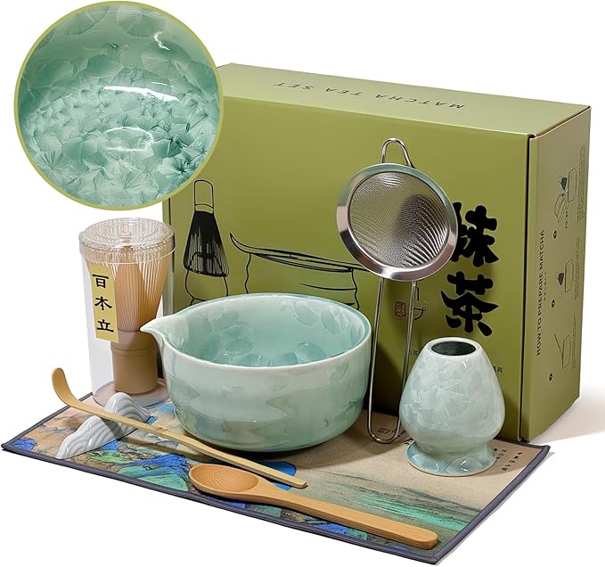 Matcha Whisk Set with Ceramic Bowl - Bamboo Whisk (Chasen), Scoop, Sifter & Holder - Complete Kit for Traditional Matcha Tea - Unique Gifts for Women, Men, Tea Lovers (Matcha Crystal)