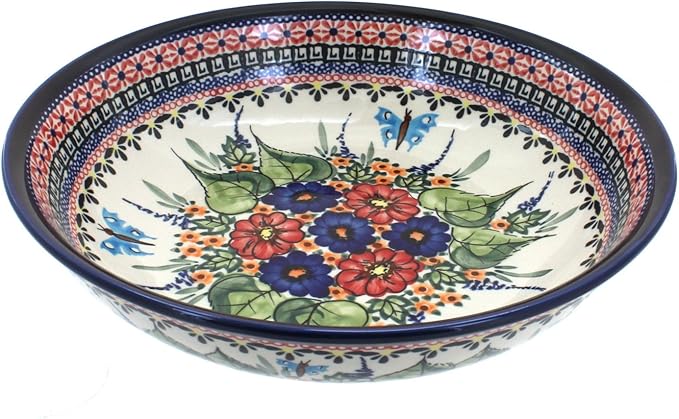 Blue Rose Polish Pottery - Red Floral Butterfly Large Salad Bowl - 9.75" Diameter - Great Bowl for Salad, Pasta, or Serving Guests