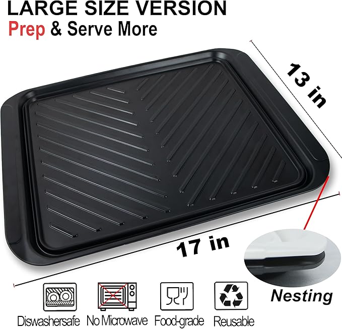 Extra Large Grilling Prep and Serve Trays, 17.3x13 inch BBQ Tray for Raw and Cooked Food, Melamine Serving Trays for Food, Set of 2, Black and White