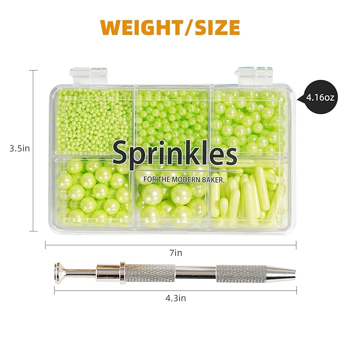 Kasvan Green Mix Sugar Sprinkles - Edible Candy Pearls with 4-Claw Sprinkle Pen,118g/4.16 Oz, Gift Box Pack, Baking Cake Decorations, Ice Cream Toppings and Cookie Decorating (Green)