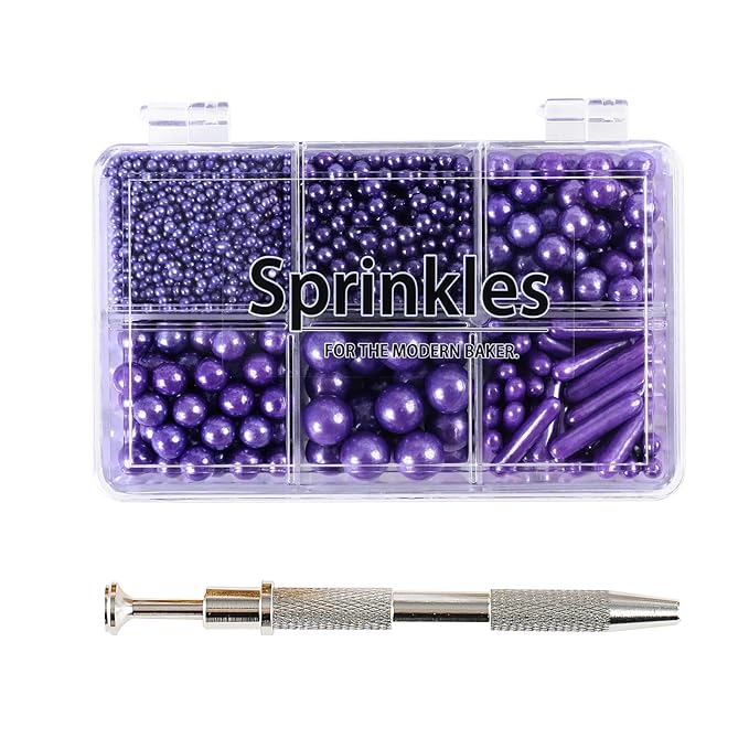 Kasvan Purple Mix Sugar Sprinkles - Edible Candy Pearls with 4-Claw Sprinkle Pen,118g/4.16 Oz, Gift Box Pack, Baking Cake Decorations, Ice Cream Toppings and Cookie Decorating (Purple)