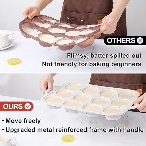 12 Cups & 24 Cups Silicone Muffin Pan with Metal Frame, Regular & Mini Muffin Pan Set for Baking 2 Pack