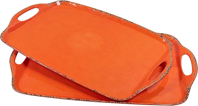 Melamine Serving Tray with Handles, 19“ x 12" Vintage Large Rectangular Melamine Serving Platter for Serving Food, Serving Tray Set of 2, Dishwasher Safe, Orange