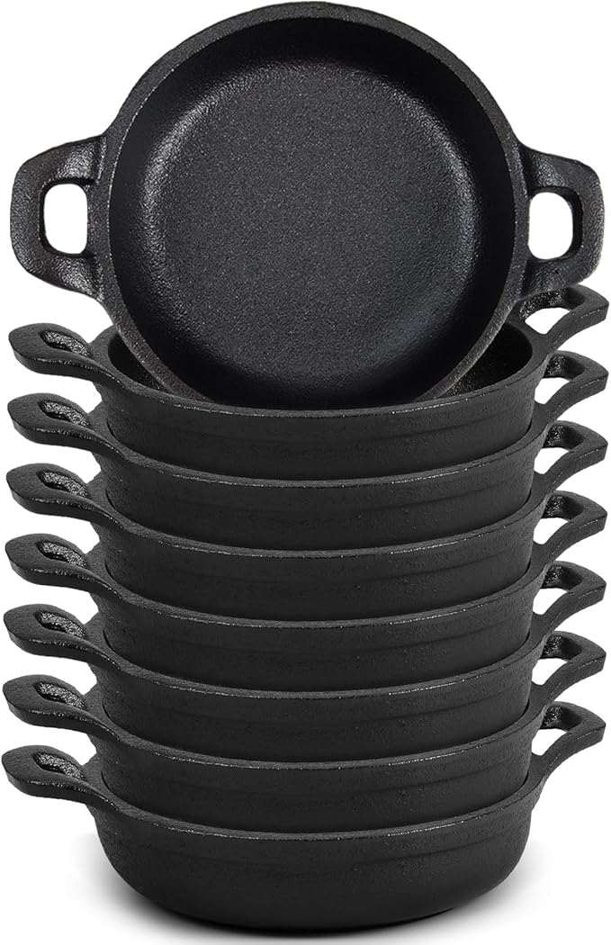 Mini Cast Iron Skillets 5 x 5 x 1.3 Inch Cast Iron Pan Small Ramekin Set Black Casserole Dish Cookware Oven Safe Mini Skillets for Kitchen Indoor Outdoor Picnic (8 Pack)