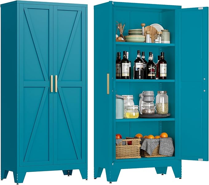 61" Tall Metal Storage Cabinet with 2 Doors and 3 Adjustable Shelves, 4-Tier Kitchen Pantry Storage Cabinet for Kitchen, Living Room, Dining Room and Office, Blue