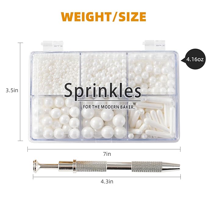 Kasvan White Mix Sugar Sprinkles - Edible Candy Pearls with 4-Claw Sprinkle Pen,118g/4.16 Oz, Gift Box Pack, Baking Cake Decorations, Ice Cream Toppings and Cookie Decorating, Wedding Party Chirstmas Supplies