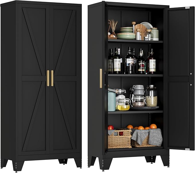 61" Tall Metal Storage Cabinet with 2 Doors and 3 Adjustable Shelves, 4-Tier Kitchen Pantry Storage Cabinet for Kitchen, Living Room, Dining Room and Office, Black