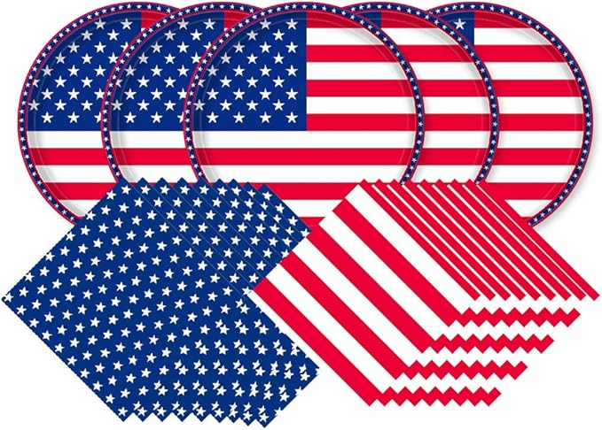 Gatherfun American Flag Patriotic Party Supplies Disposable Napkins and Paper Plates for Veterans Day Election Day 4th of July Independence Day Decorations, Serve 50