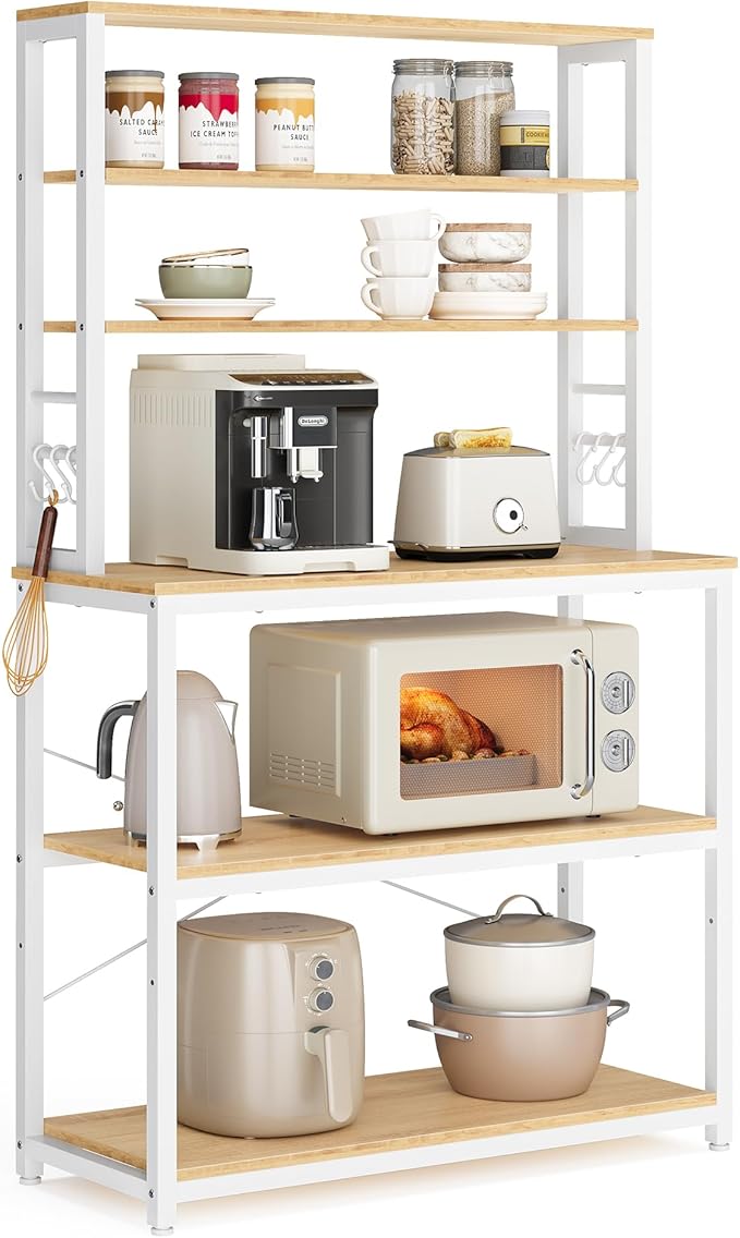 VASAGLE Coffee Bar, 31.5 Inches Baker's Rack for Kitchen with Storage, 6-Tier Kitchen Shelves with 6 Hooks, Microwave Stand, Industrial, Oak Colour and White UKKS019W09