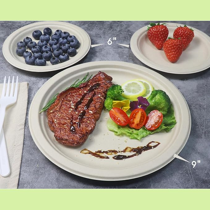 GreenWorks 100 Count 9“ Heavy-duty Compostable Plates, Unbleached Biodegradable Bagasse and Bamboo fiber Paper Plates