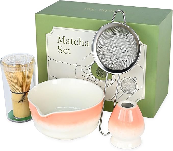 Pink Matcha Whisk Making Set - Japanese Tea Kit with Whisk Bowl and Bamboo Scoop Ceramic Chawan with Spout for Traditional Tea Ceremony Complete Matcha Making Tools Gift for Tea Lovers (Pink, 5 PCS)