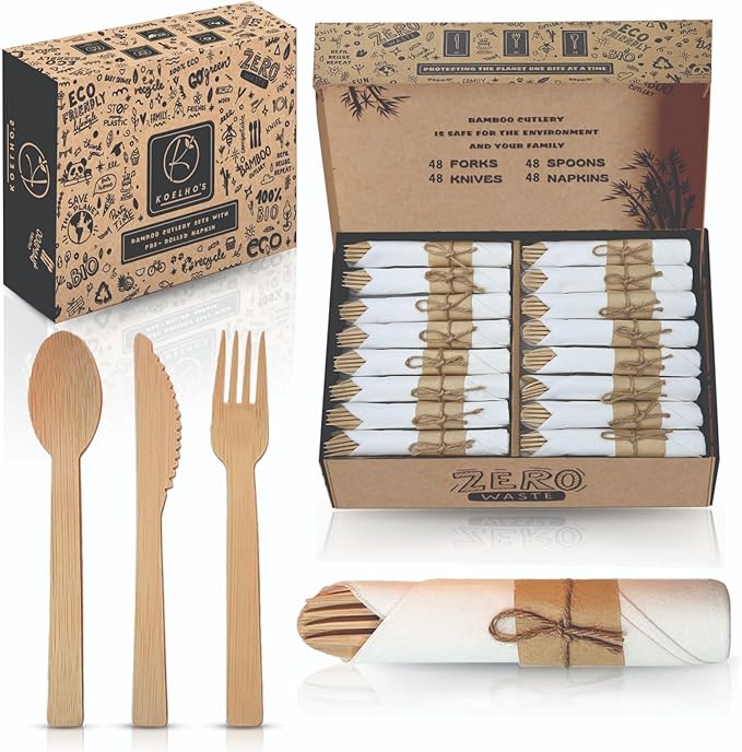 KOELHO'S Pre-Rolled Bamboo Cutlery Set 48-Pack 192 PCS | Bamboo Disposable Utensils 100% Biodegradable and Eco-Friendly | Wood Cutlery Set for Parties, Weddings, and Events