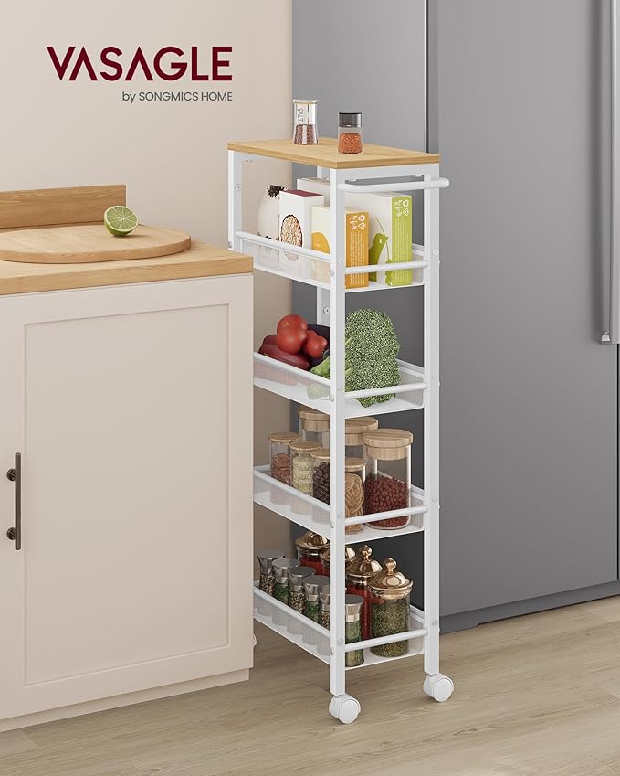 VASAGLE Slim Rolling Cart, 5-Tier Storage Cart, Narrow Cart with Handle, 8.7 Inches Deep, Metal Frame, for Kitchen, Dining Room, Living Room, Home Office, Oak Beige and Classic White ULRC035W09
