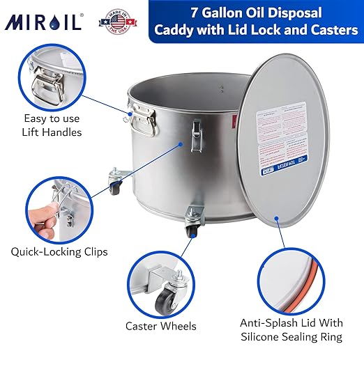 MirOil 7 Gallon Oil Disposal Caddy with Caster Wheels, USA Made Deep Fryer Grease Bucket Pot with Lid Lock & Lock Clip, 55Lb. Frying Oil Disposal Storage Container, Filtering Hot Cooking Grease - 60LC