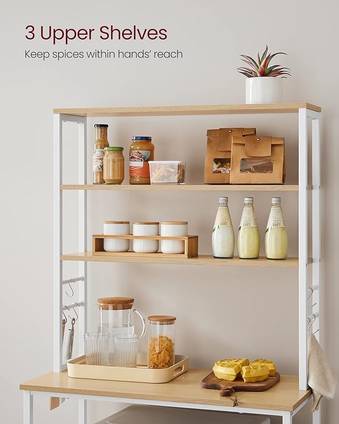 VASAGLE Coffee Bar, 31.5 Inches Baker's Rack for Kitchen with Storage, 6-Tier Kitchen Shelves with 6 Hooks, Microwave Stand, Industrial, Oak Colour and White UKKS019W09
